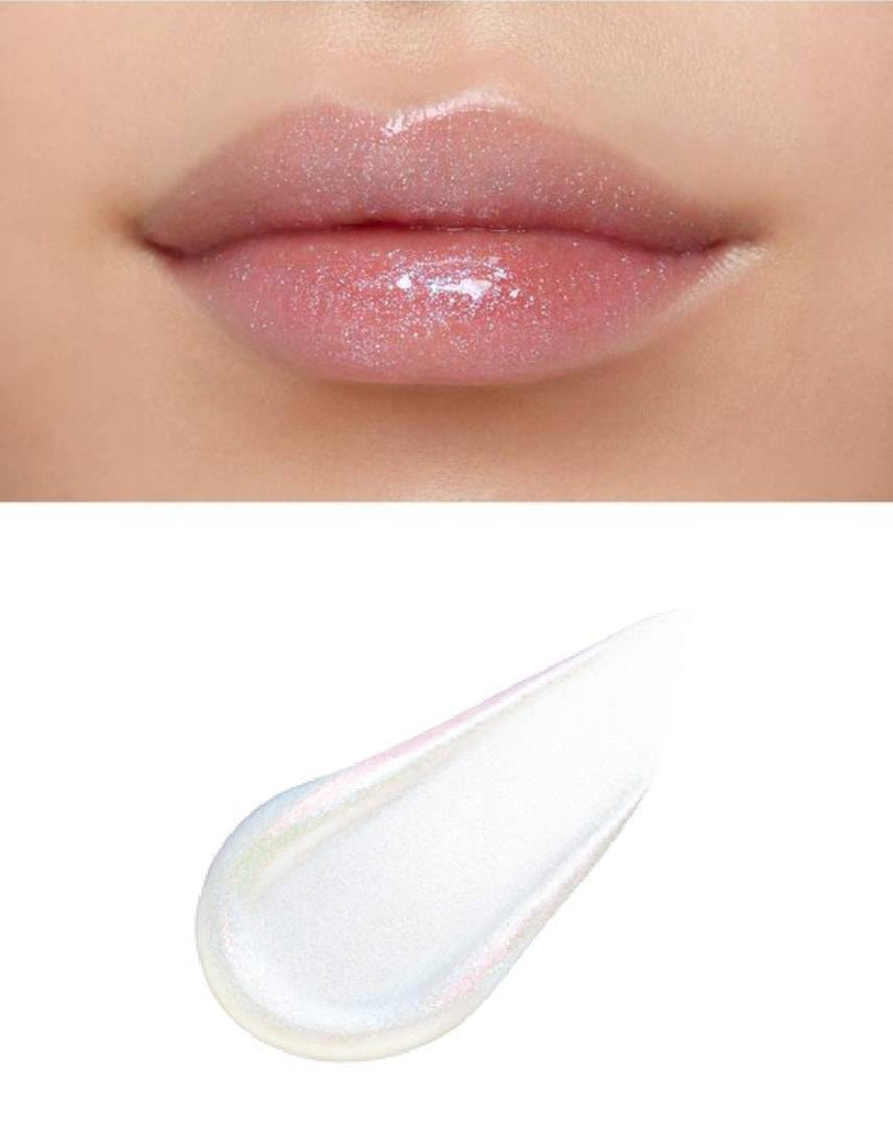 Clé de Peau Beauté Rouge Crème Etancelan lip gloss applied on lips, showcasing a glossy iridescent white finish with shimmer.