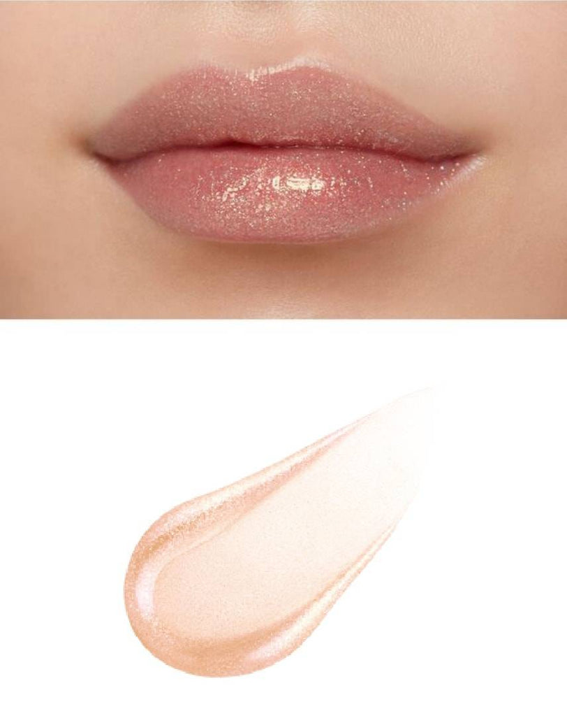 Clé de Peau Beauté Rouge Crème Etancelan lip gloss applied on lips, displaying a glossy champagne gold finish with shimmer.