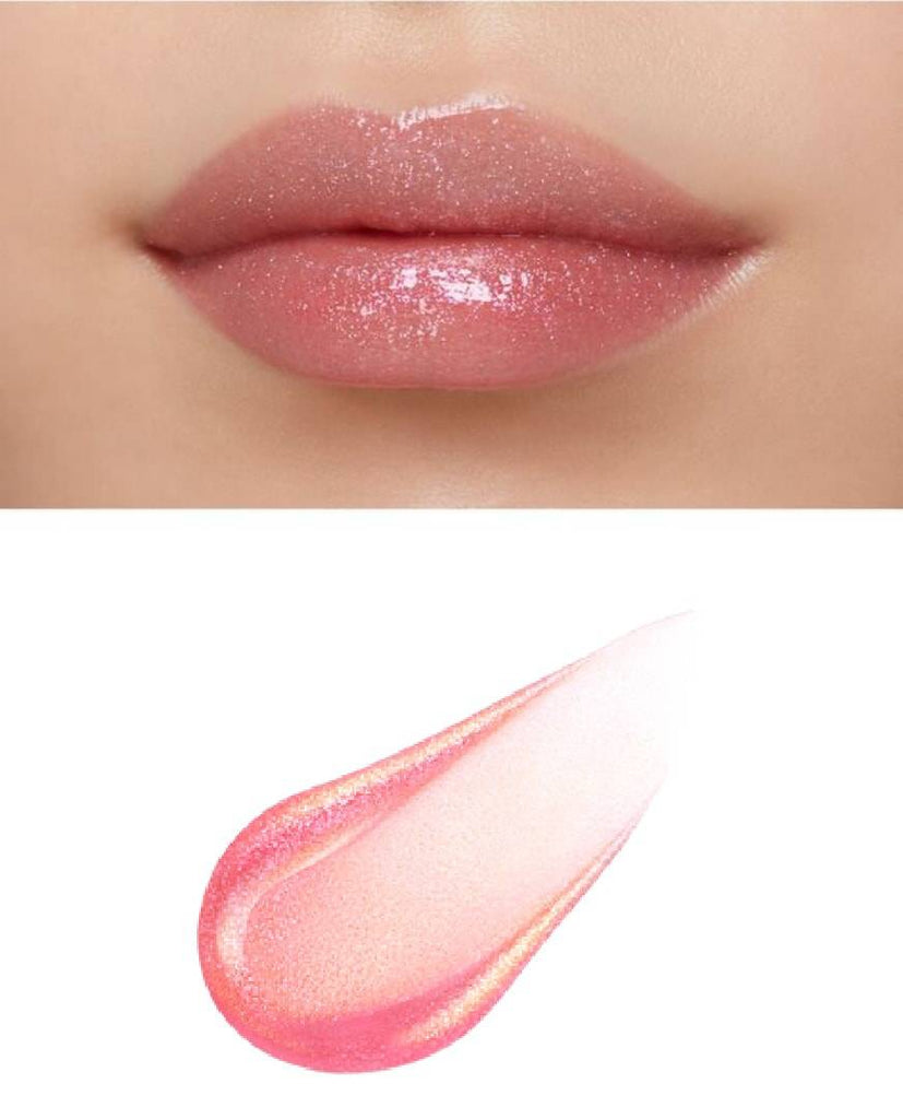 Clé de Peau Beauté Rouge Crème Etancelan lip gloss applied on lips, emphasizing a glossy vibrant pink finish with shimmer.