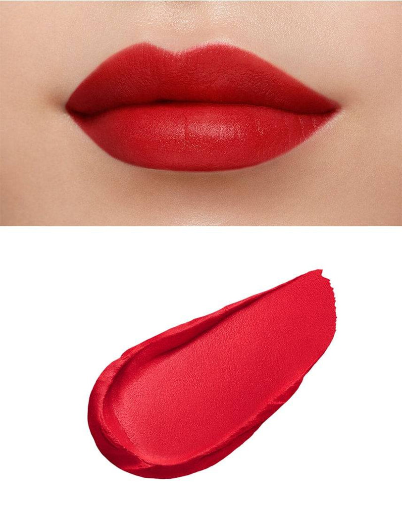 Clé de Peau Beauté Rouge Creme Matte 8g in soft nude shade, showcasing a creamy matte texture with applicator and swatch.