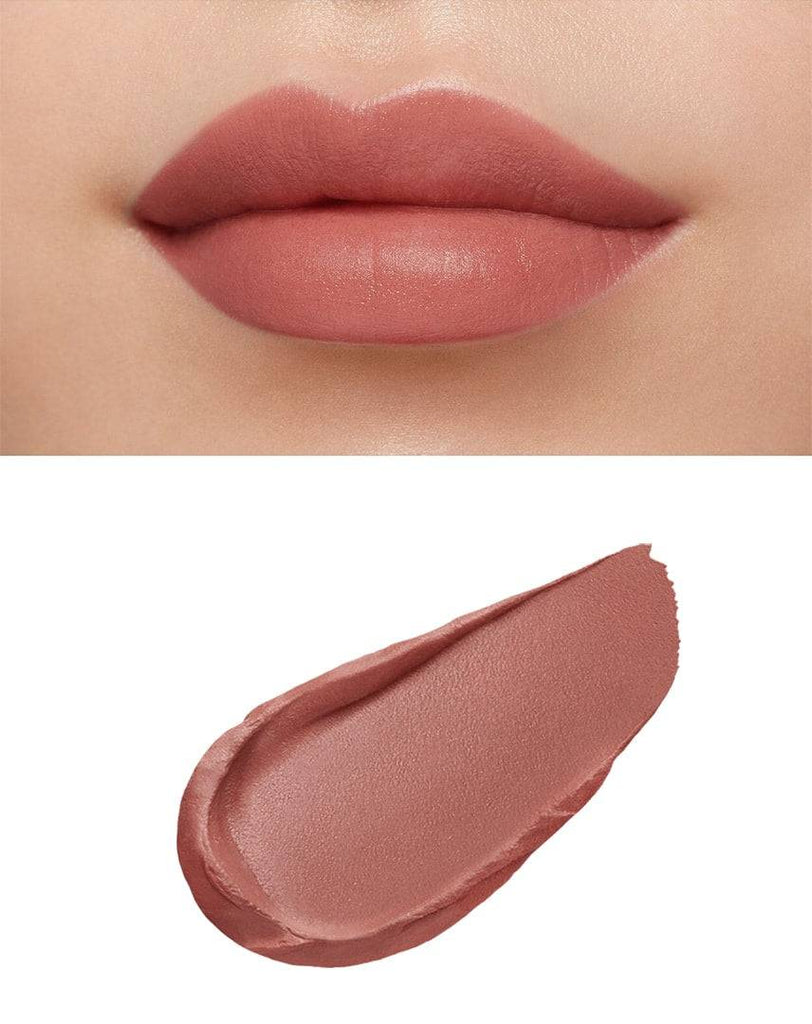 Clé de Peau Beauté Rouge Creme Matte 8g in deep terracotta shade, highlighting a rich matte texture with applicator and swatch.