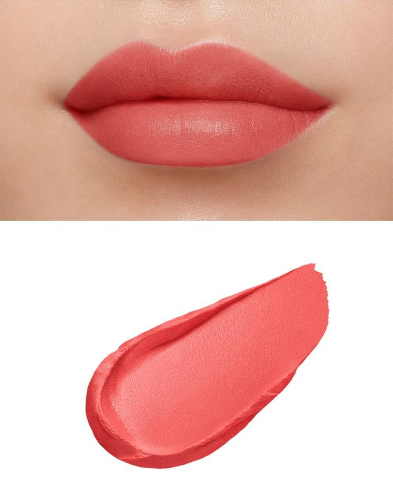 Clé de Peau Beauté Rouge Creme Matte 8g in bright coral shade, featuring a vibrant matte finish with applicator and swatch.