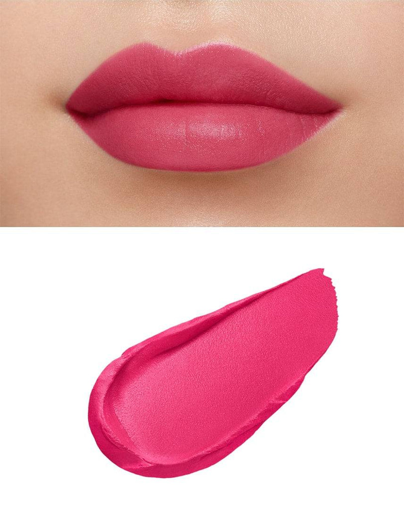 Clé de Peau Beauté Rouge Creme Matte 8g in vibrant pink, showcasing a smooth matte finish on lips and a swatch of the creamy texture.