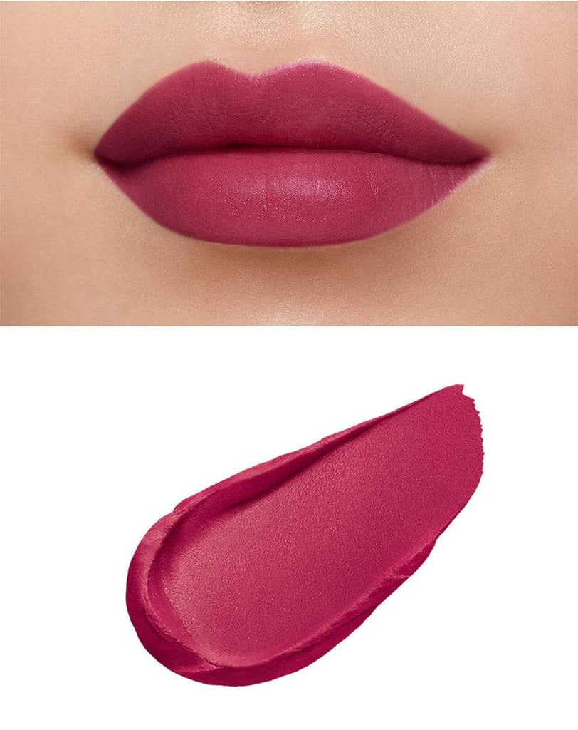 Clé de Peau Beauté Rouge Creme Matte 8g applied on lips, showcasing a deep matte finish in a vibrant pink shade.