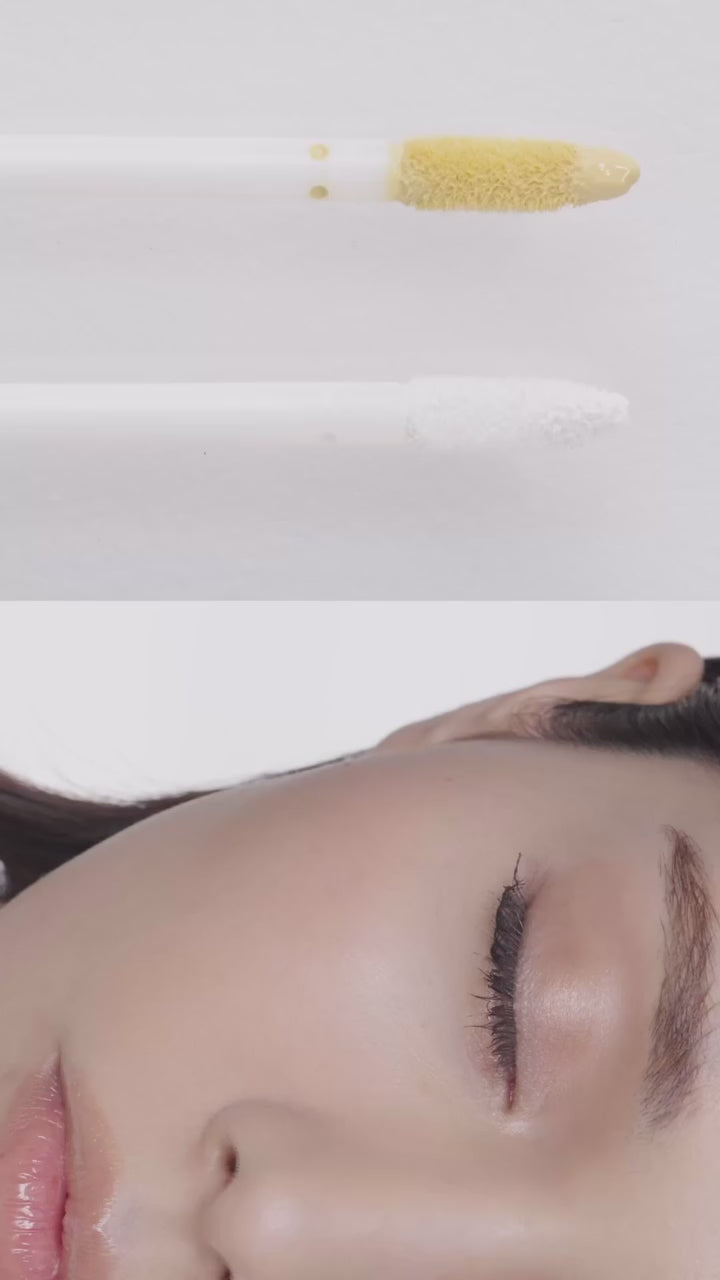 Tokyo Color Corrector applicators in yellow and white shades with a model's skin. Highlights precise application for a bright, even complexion.